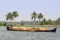 Allepey, Kerala, India Ã¢â¬â March 31, 2015: Indian man transport dwell with rice for boats. backwaters canoe in state Royalty Free Stock Photo